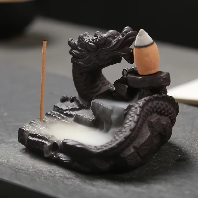 Smokeless Incense Stick - 陶器製ドラゴン型香炉、逆流香炉、ミニオフィスデスク・ホームデコレーション・茶室用蓮の装飾品