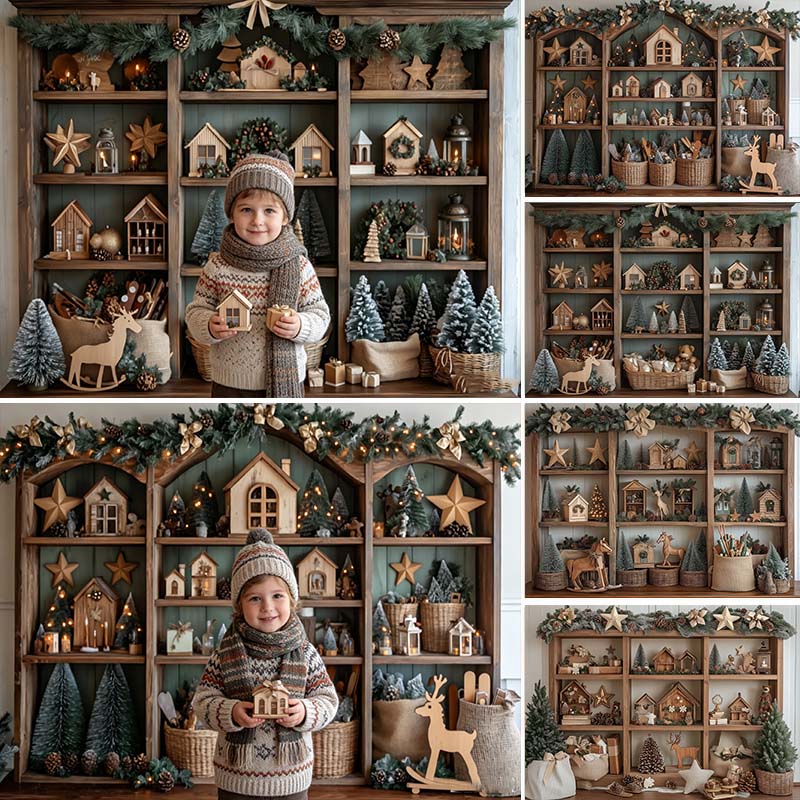 Home Fragrance Gingerbread - LS グリーンクリスマスキッチン背景写真撮影ジンジャーブレッドハウスキャビネットリース背景冬子供家族写真スタジオ